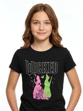 Girl's Black Wicked T-Shirt with Green/Pink Witches - L (14)